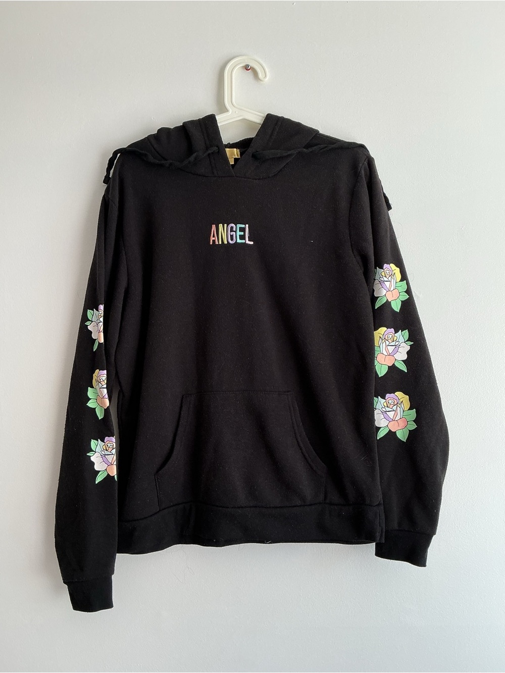 H&M Black Hoodie with Multicolor "ANGEL" & Floral Sleeves